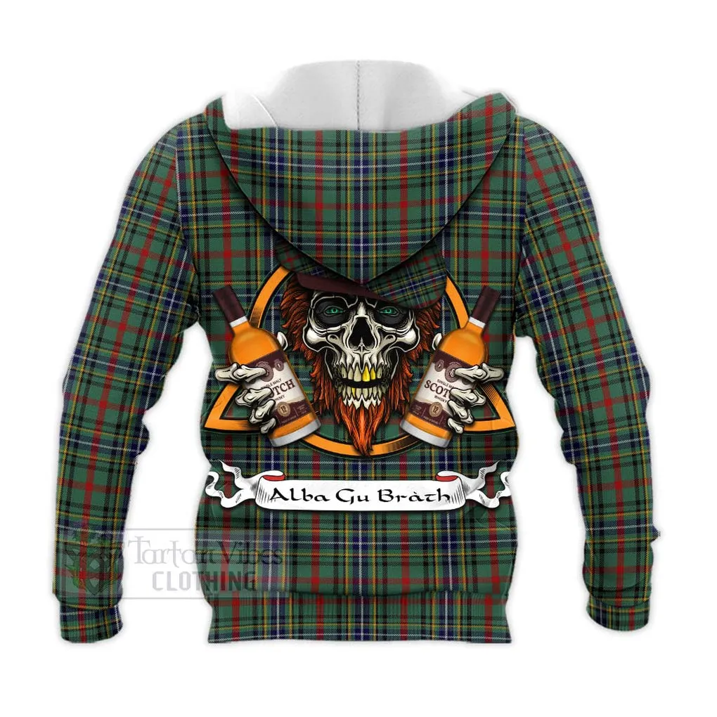 Bisset Tartan Knitted Hoodie with Family Crest and Bearded Skull Holding Bottles of Whiskey