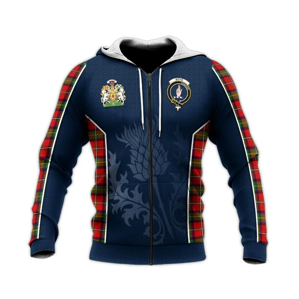 Boyd Tartan Knitted Hoodie with Family Crest and Scottish Thistle Vibes Sport Style