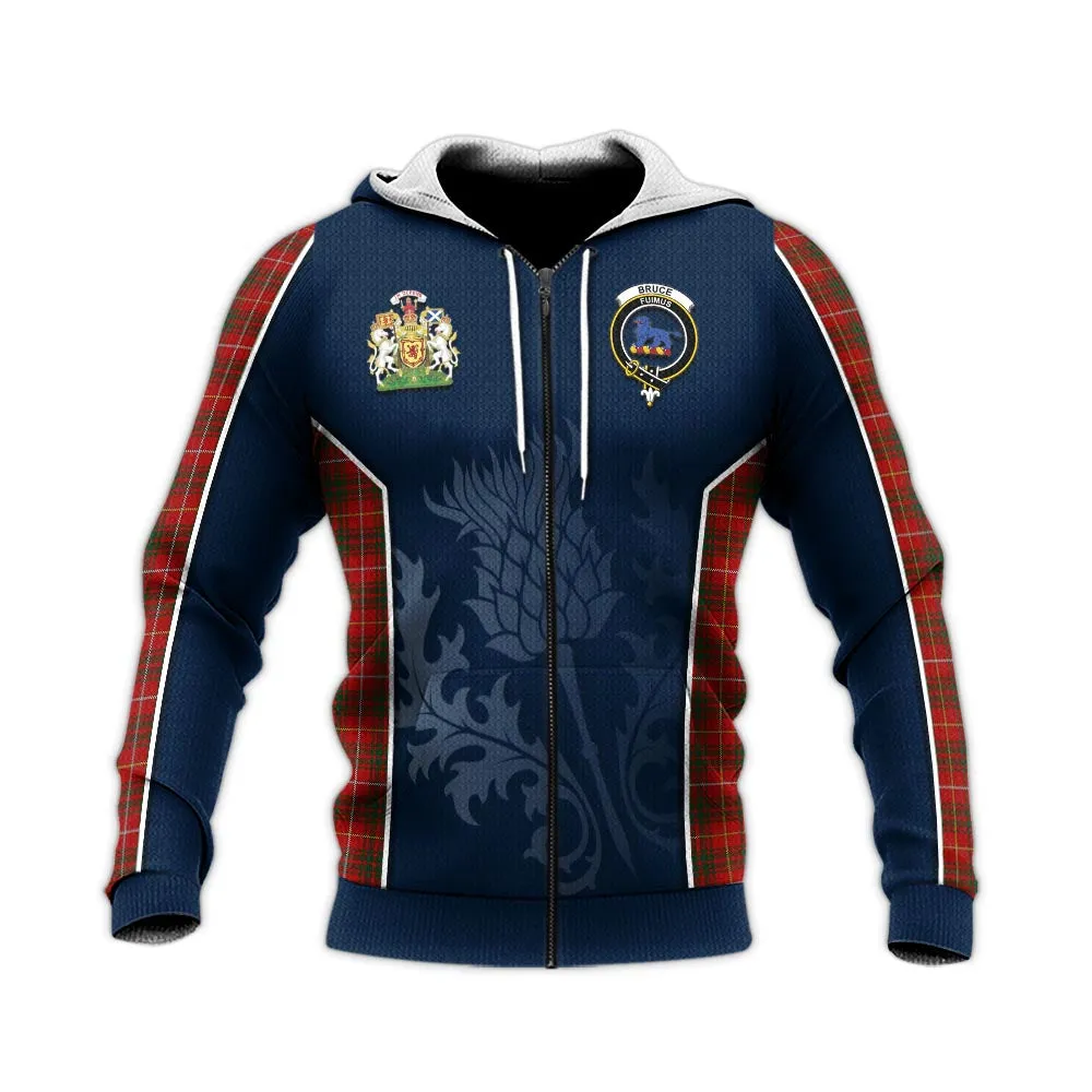 Bruce Tartan Knitted Hoodie with Family Crest and Scottish Thistle Vibes Sport Style