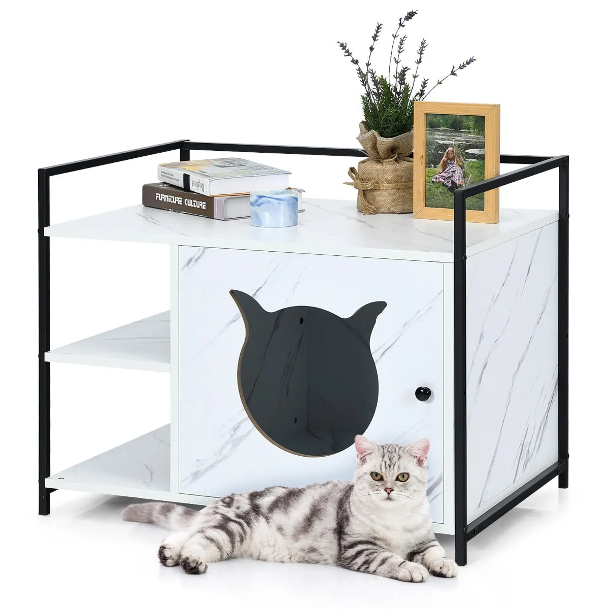 NNECW 2-in-1 Cat Litter Box Enclosure with 2-Tier Storage Shelf