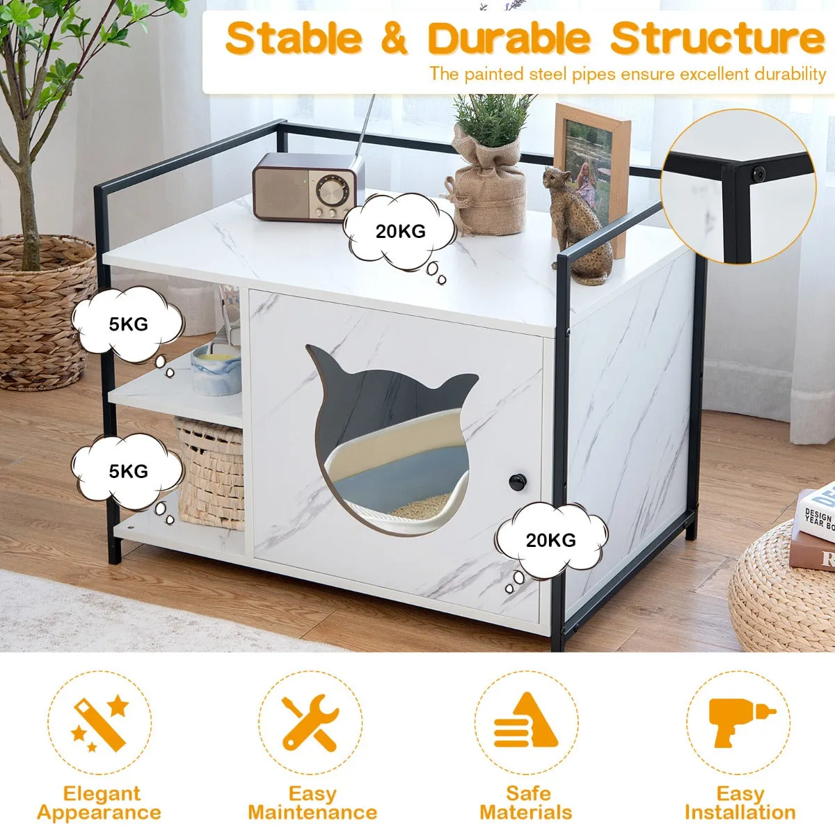 NNECW 2-in-1 Cat Litter Box Enclosure with 2-Tier Storage Shelf
