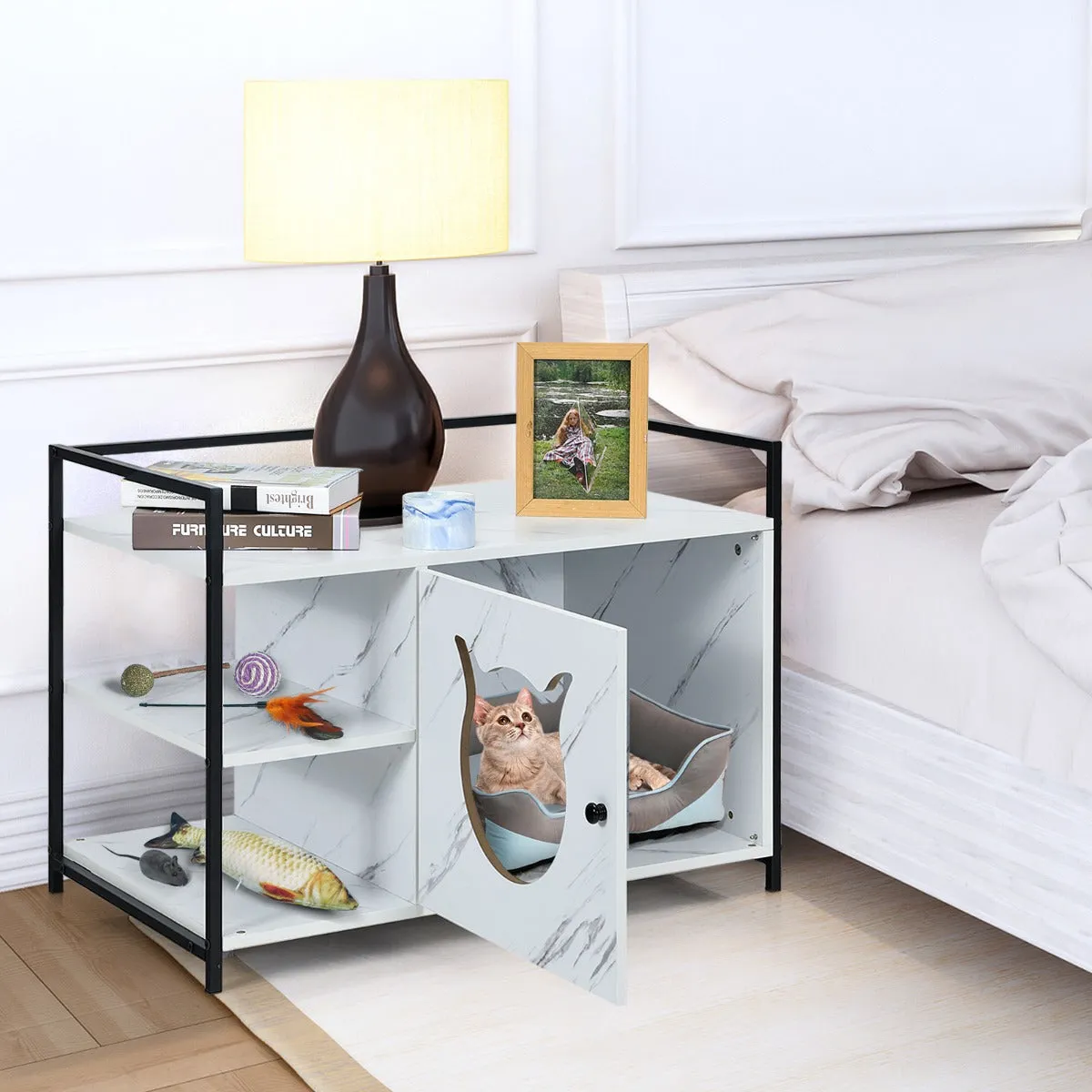 NNECW 2-in-1 Cat Litter Box Enclosure with 2-Tier Storage Shelf