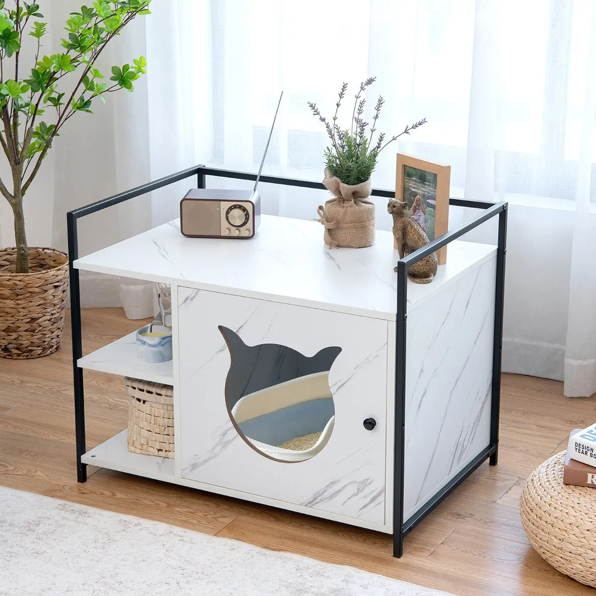 NNECW 2-in-1 Cat Litter Box Enclosure with 2-Tier Storage Shelf
