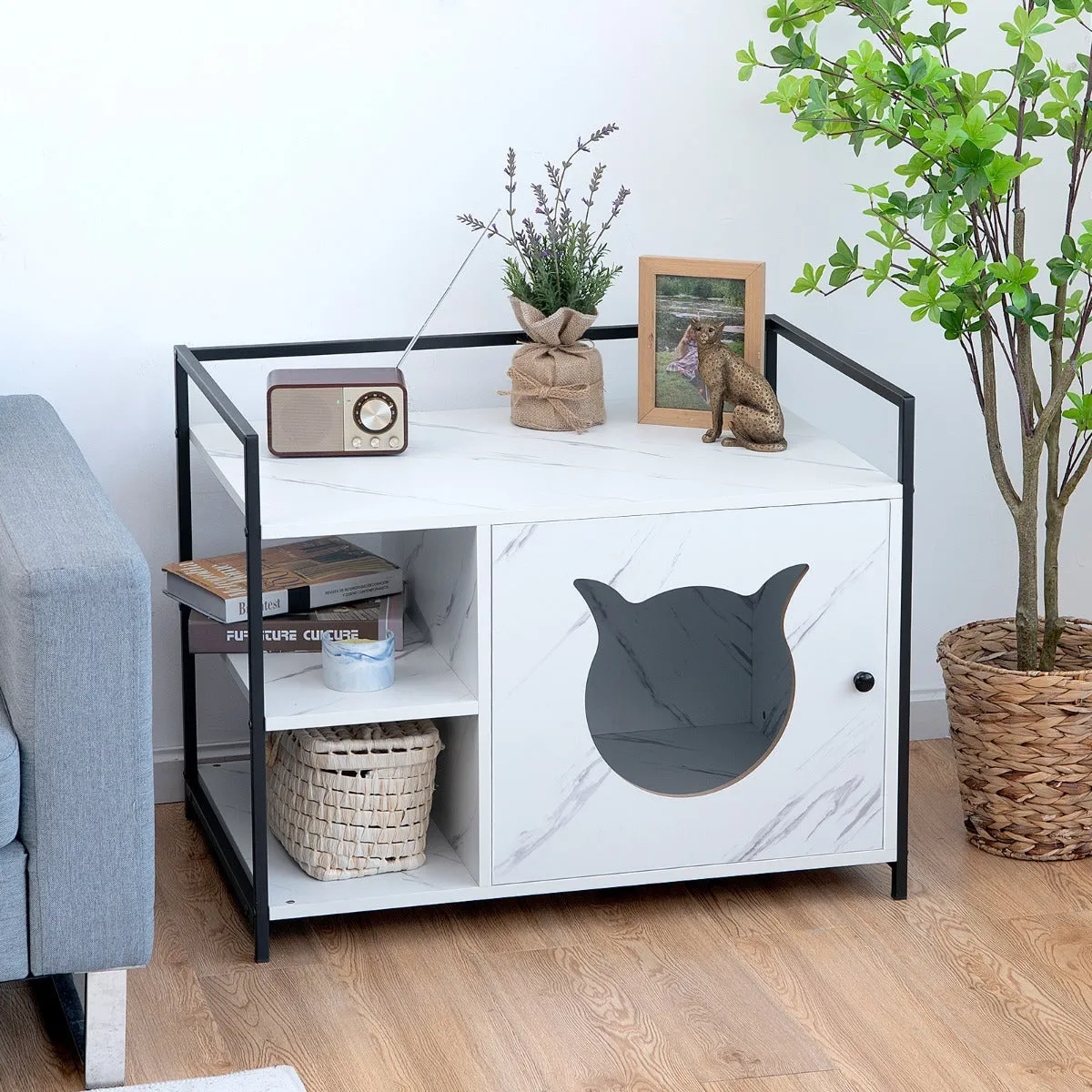 NNECW 2-in-1 Cat Litter Box Enclosure with 2-Tier Storage Shelf
