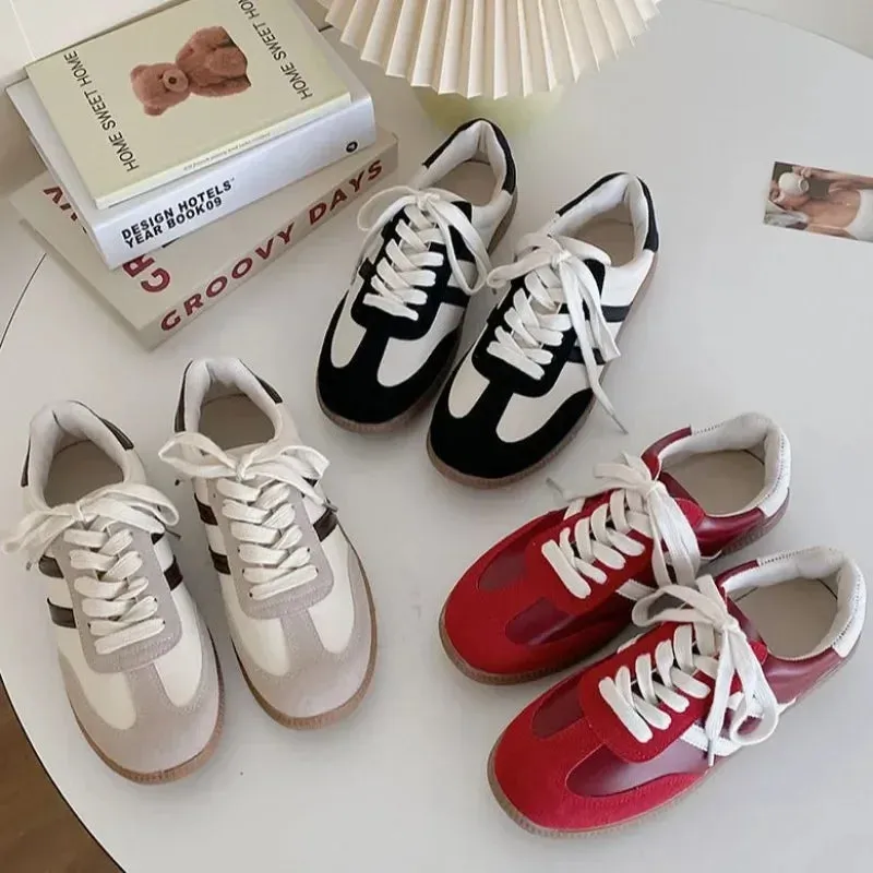 TAIVIMART  -  Women Moral Training Shoes Casual Spring Flat Shoes Woman Low Top Sports Casual Sneakers Round Toe Leather Ladies Flats