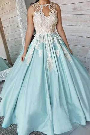 Unique Satin Appliques Long Sleeveless Ball Gown Prom Dress PFP0106